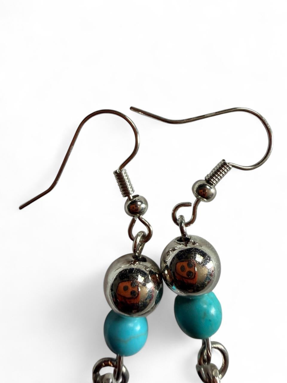 Silver Feather Turquoise Dangle Earrings - Boho Western - Handmade