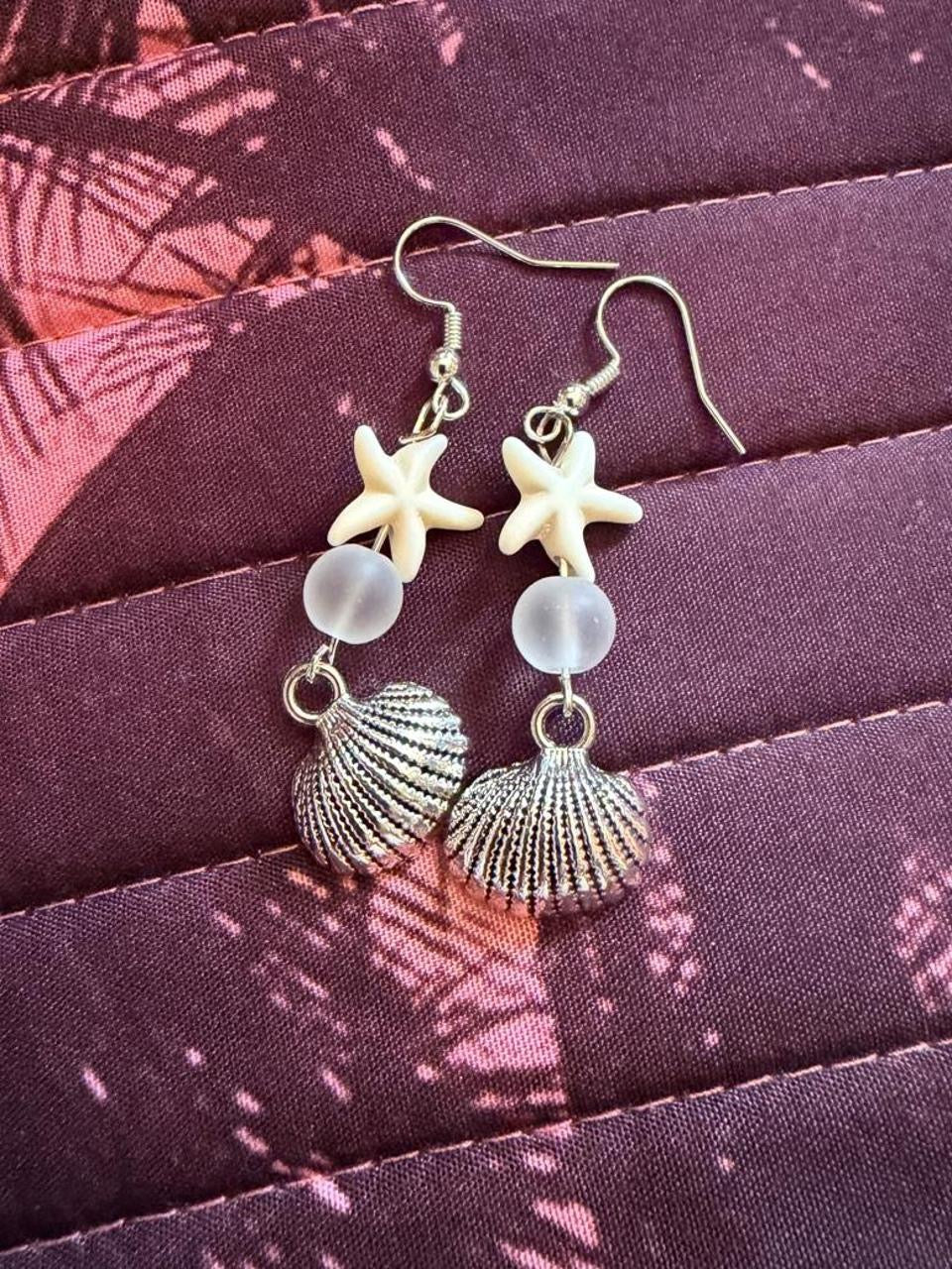 Handcrafted White Starfish & Seashell Dangle Earrings