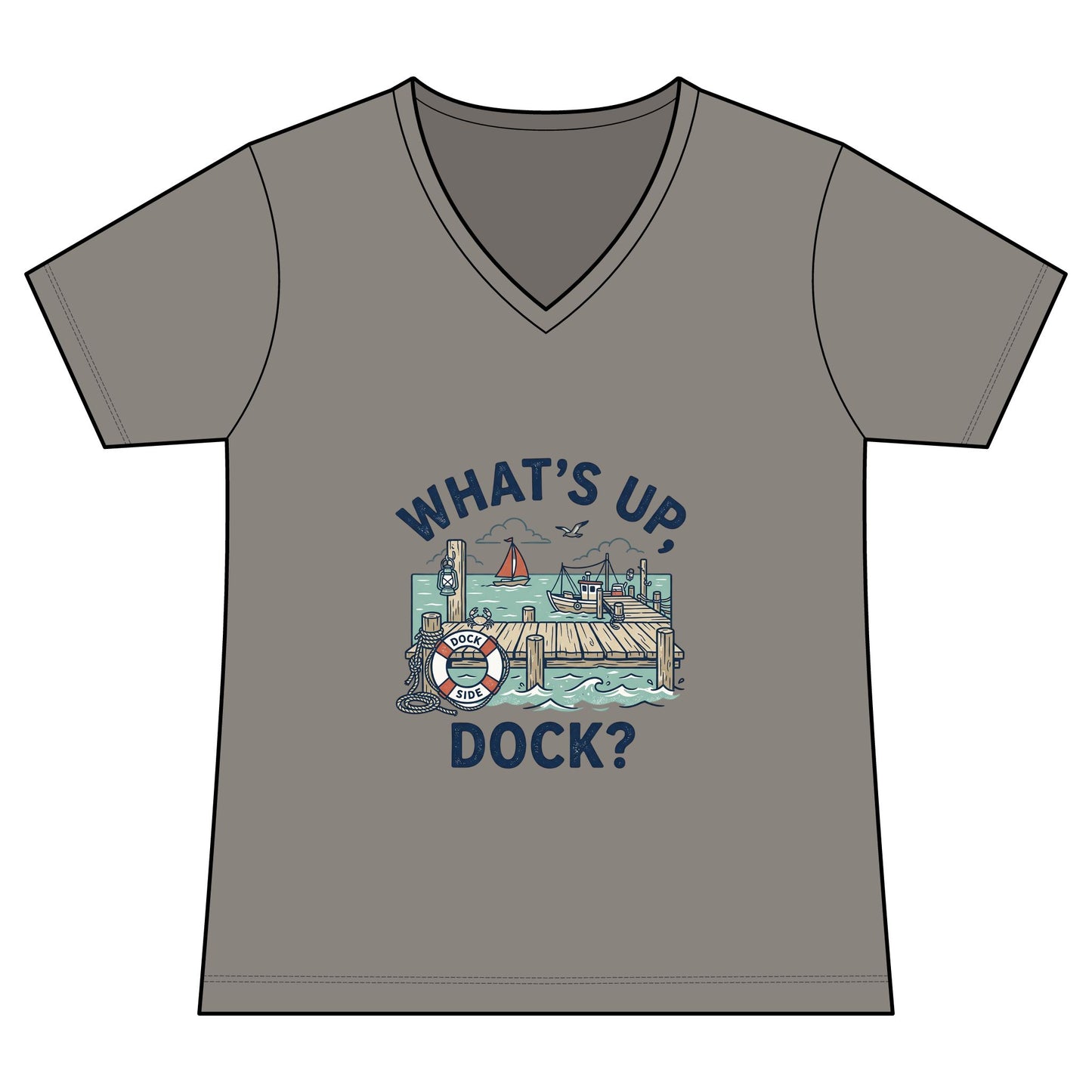 What's Up Dock? Women's V-Neck Tee — Nautical Dockside Graphic T‑Shirt