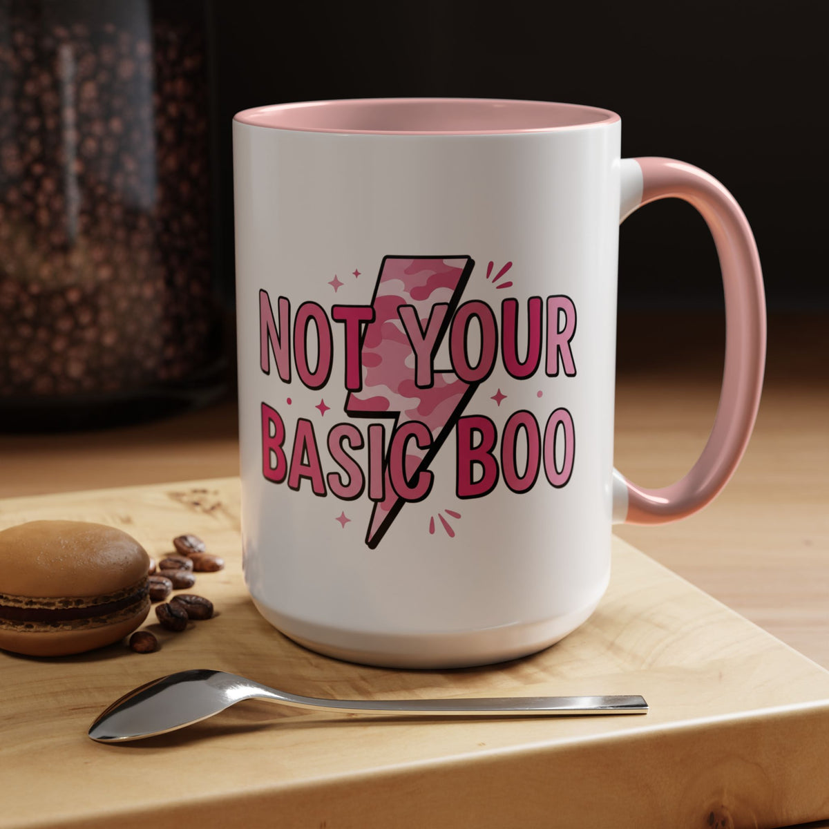Not Your Basic Boo Coffee Mug — Cute Pink Ghost Accent Mug (11/15oz)