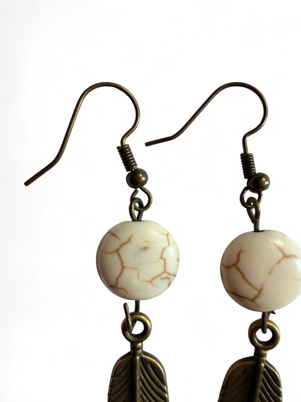 Handmade Boho Bronze Feather & White Howlite Stone Dangle Earrings