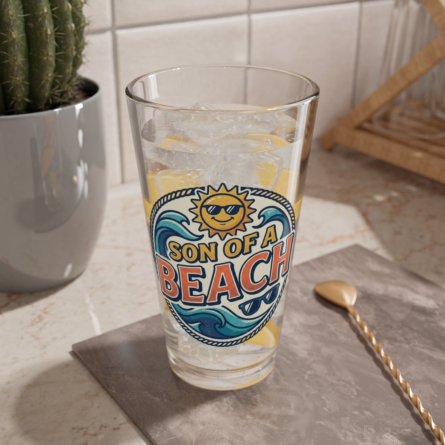Son of a Beach Mixing Glass | 16oz Beachy Sun Waves Design