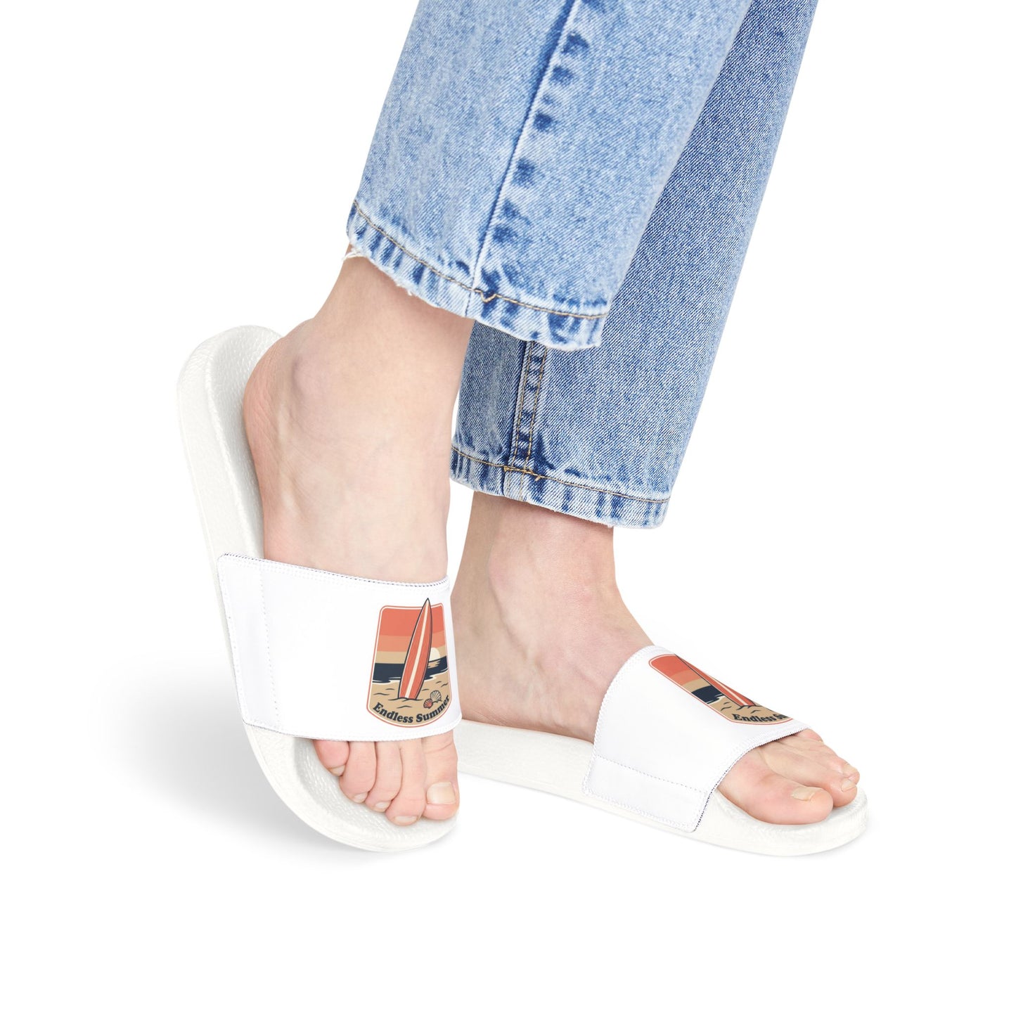 Surf Vibes Women's Slide Sandals — Removable Strap, Retro Surfboard Design