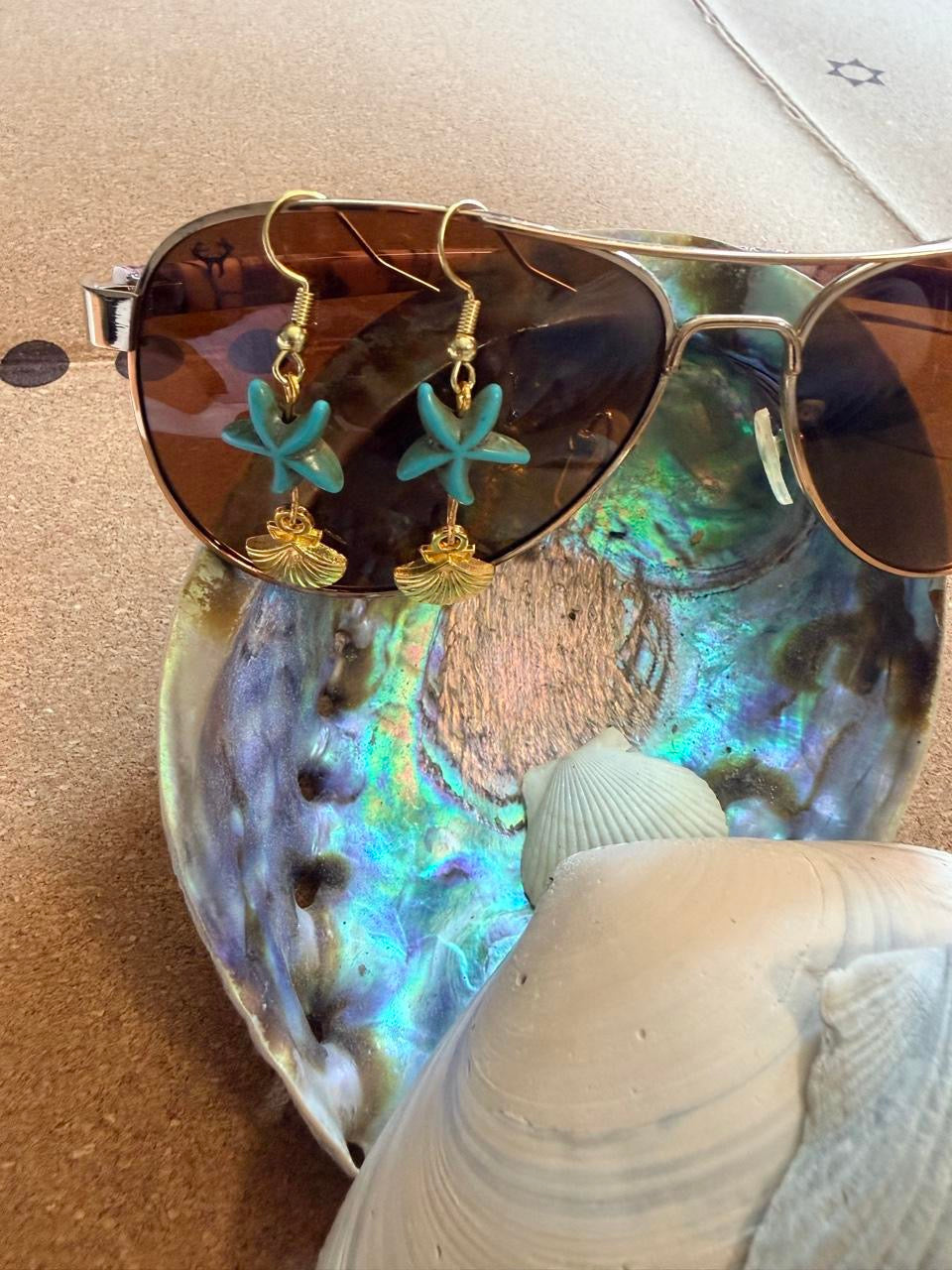 Handcrafted Turquoise Starfish & Shiny Gold Seashell Dangle Earrings