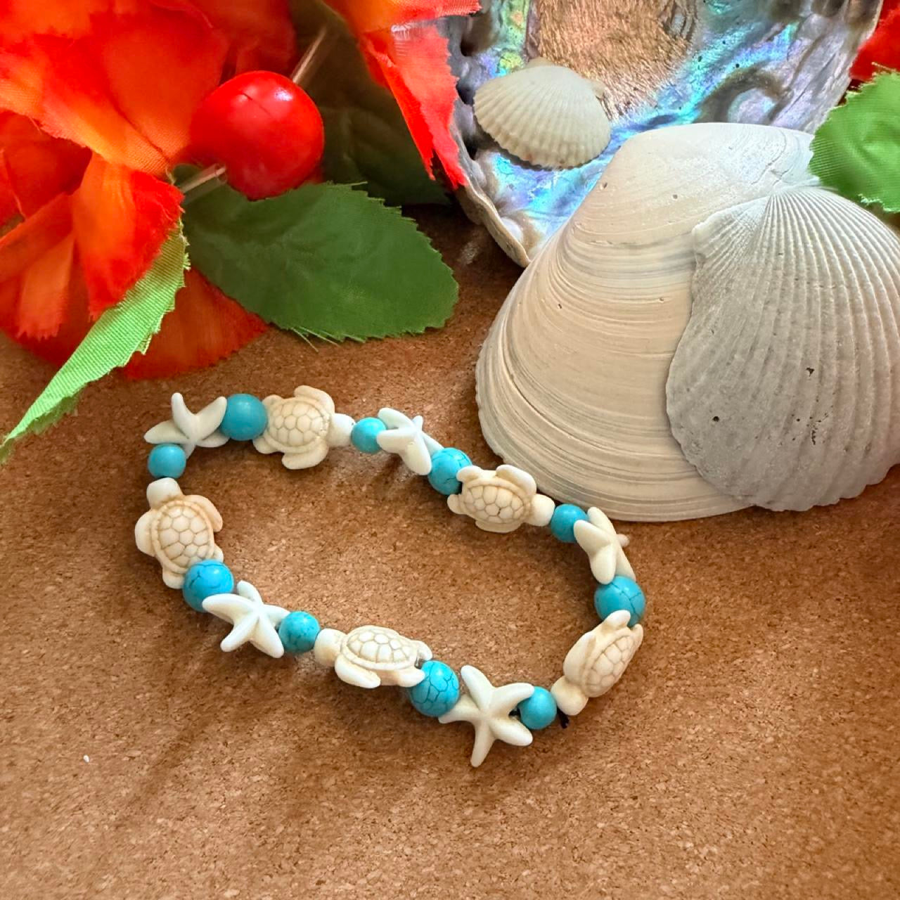 Handcrafted Turquoise Beaded Sea Turtle & Starfish Coastal Anklet