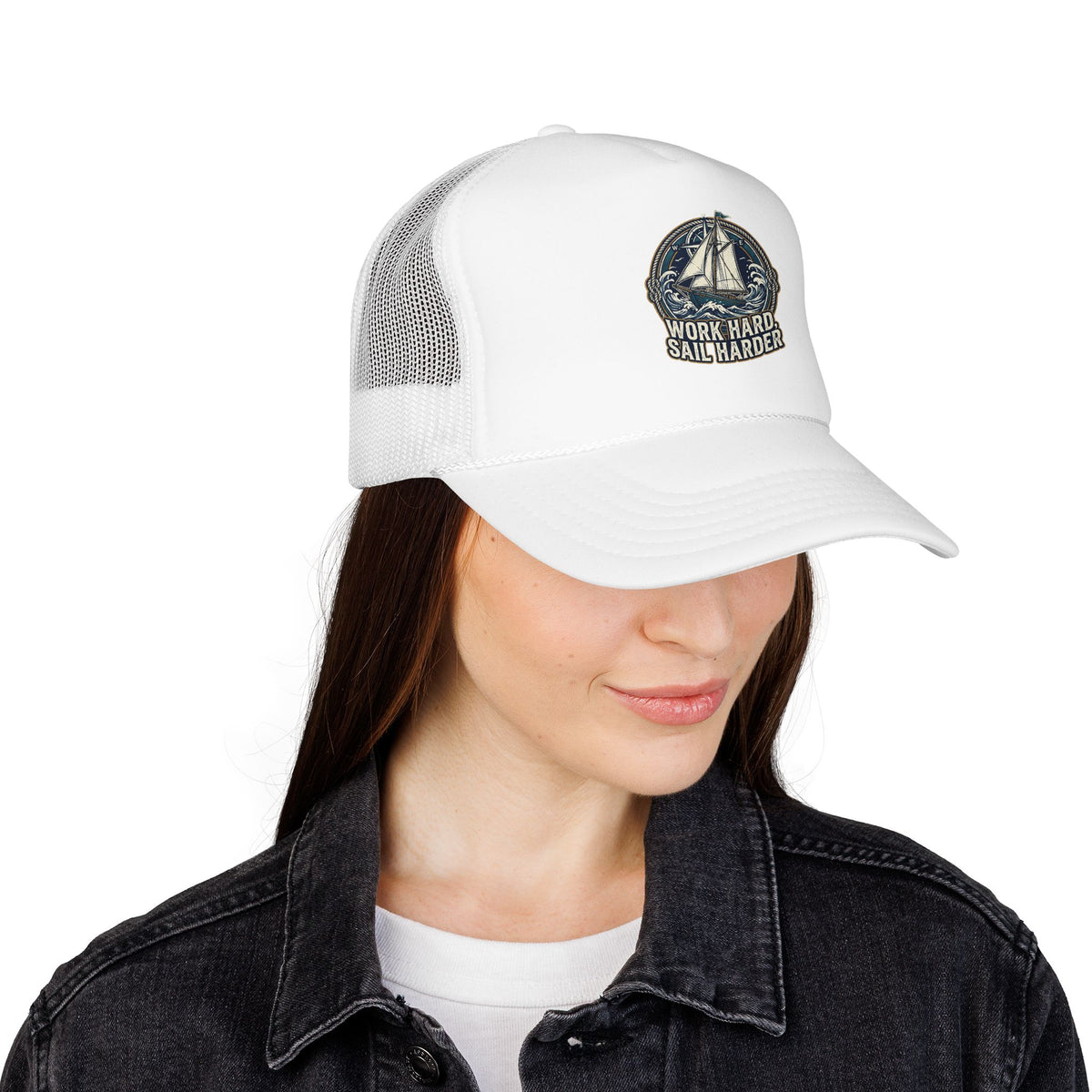 Trucker Hat — 'Work Hard Sail Harder' Vintage Sailboat Mesh Cap