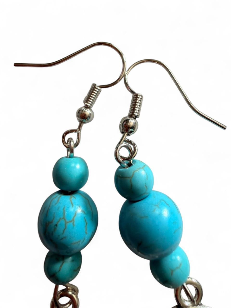Handmade Turquoise Beaded Dangle Earring, Boho Style, Silver-Tone Lotus Charm, Nickel-Free Hooks