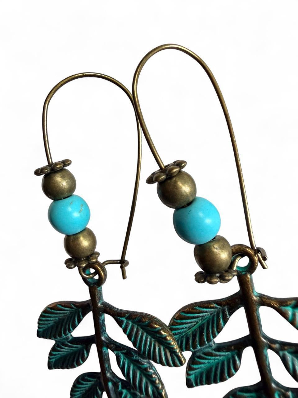 Green Leaf Earrings with Turquoise Bead