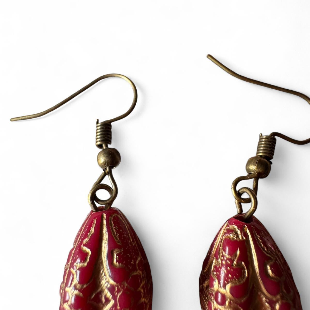 Cranberry Red Teardrop & Antique Brass Snowflake Dangle Earrings – Handmade Winter Jewelry