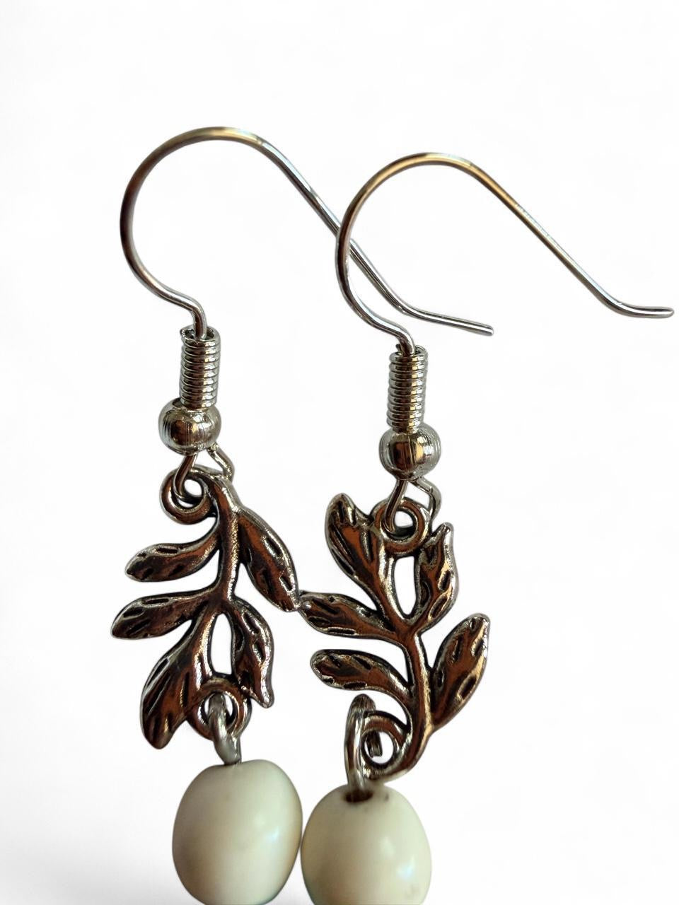 Harvest Leaf & Stone Earrings | Turquoise & Cream Beaded Leaf Earrings | The Harvest Souls Collection