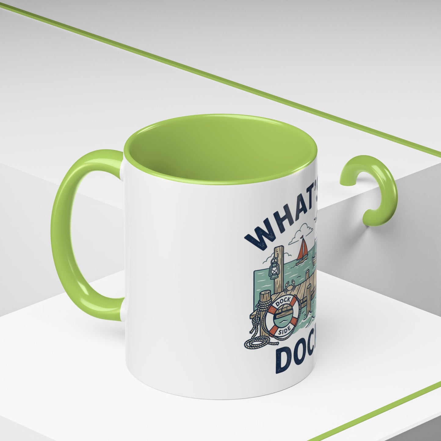 "What's Up, Dock?" Nautical Coffee Mug — Harbor Pier Boat Illustration (11/15 oz)
