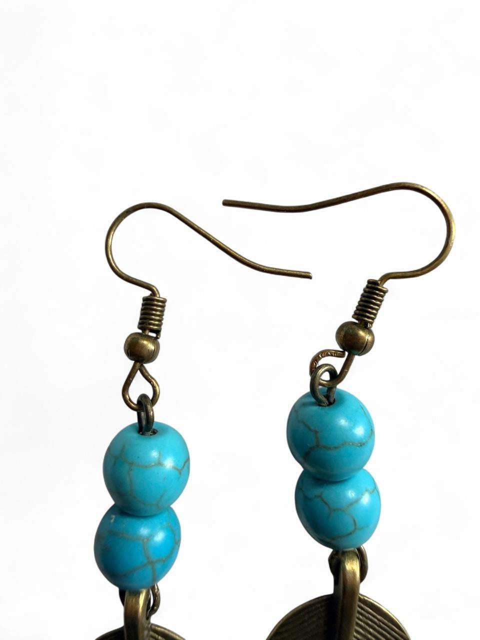 Handmade Turquoise Bead & Large Feather Dangle Earrings