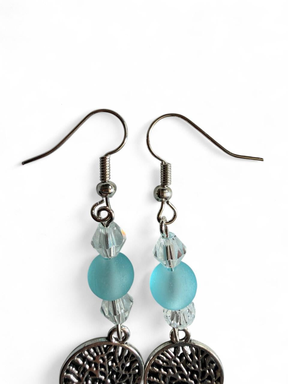 Tree of Life Dangle Earrings - Blue Frosted Bead