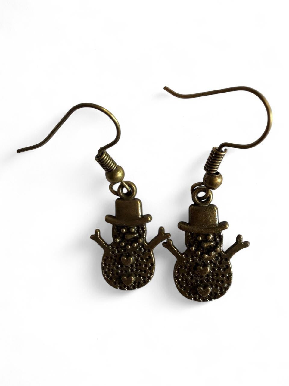 Handmade Bronze Snowman Earrings – Cute Winter Holiday Jewelry