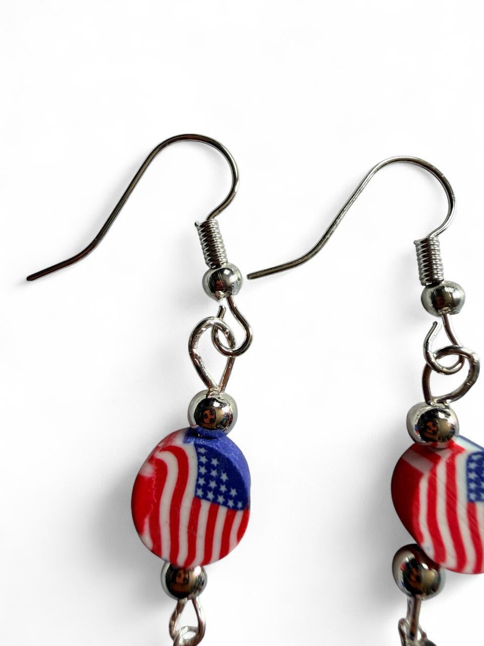 Handmade Patriotic Stacked Flag Bead Dangle Earrings | Red White & Blue Star Drops