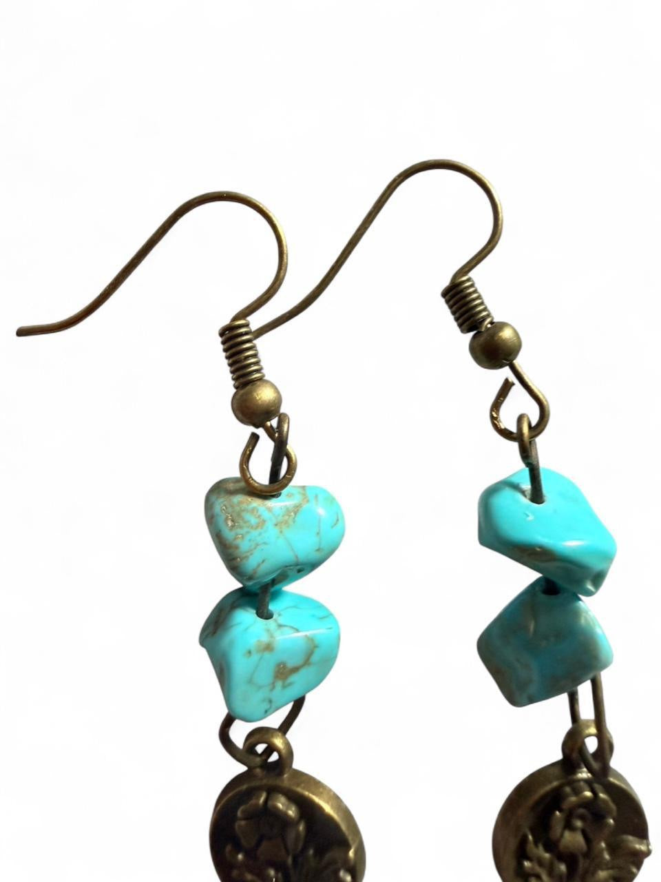 Handmade Turquoise Howlite & Brass Flower Coin Drop Earrings