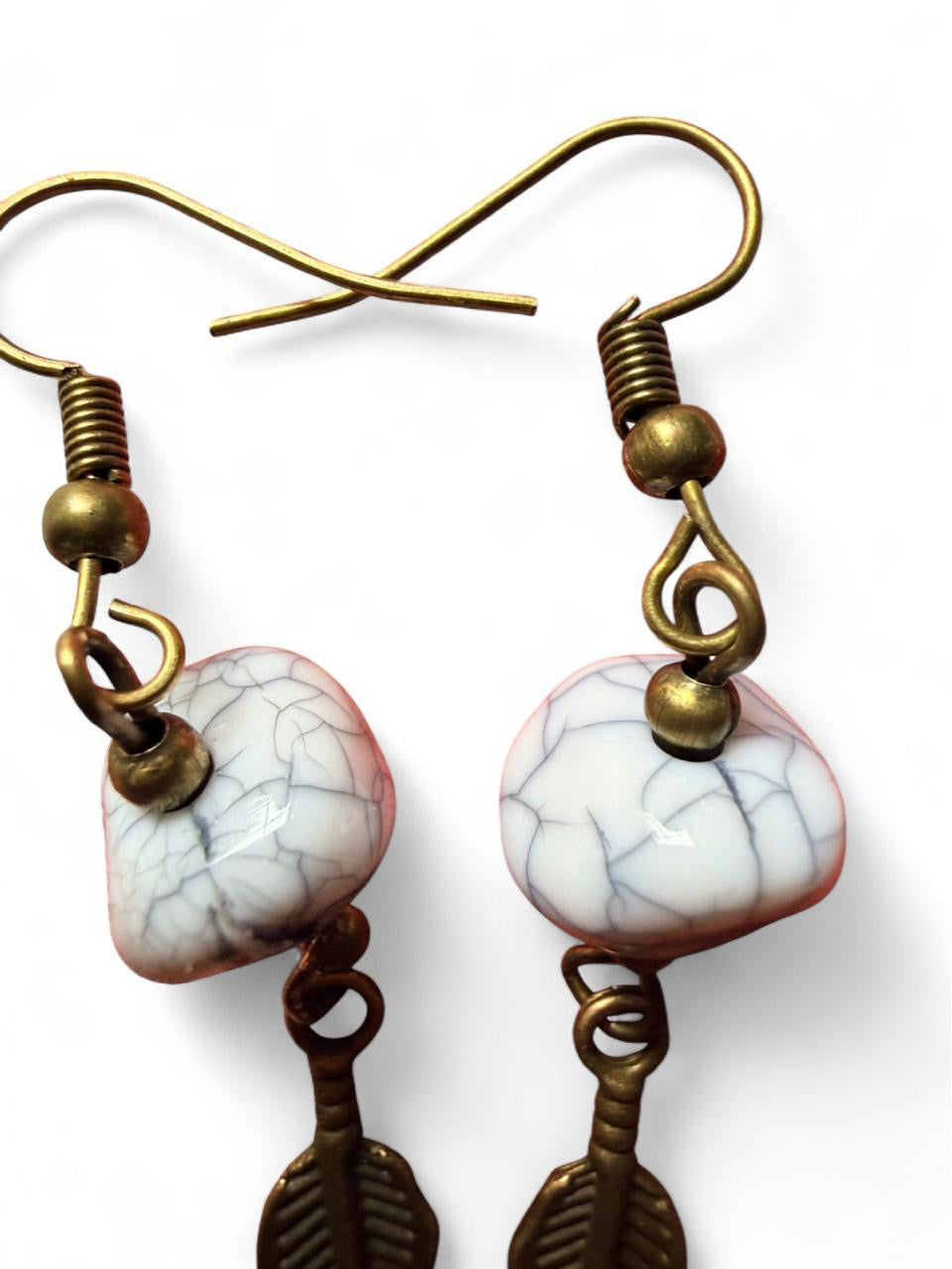 Handmade Feather Earrings – Crackle Bead & Antique Bronze