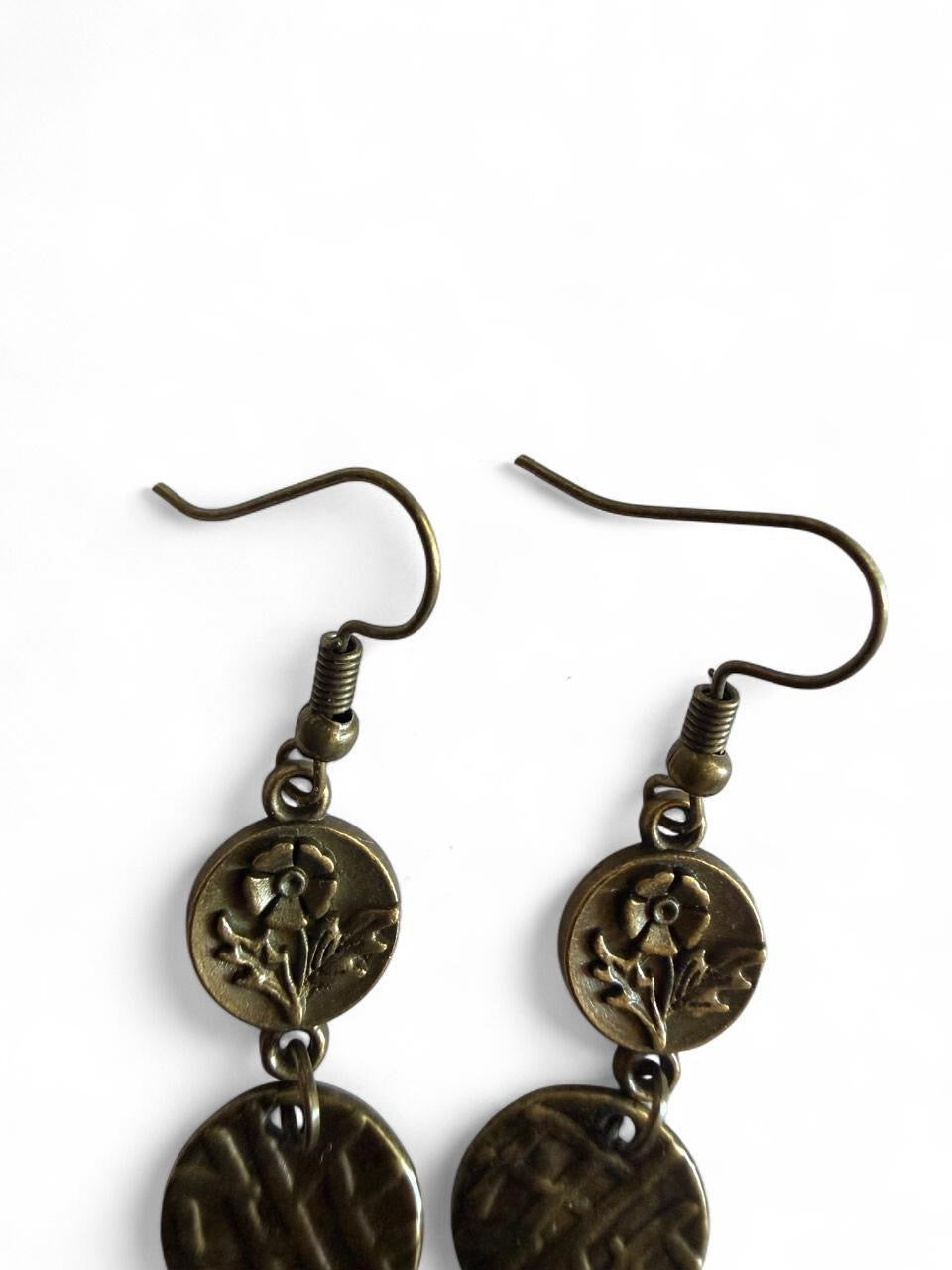 Product Title: Handmade Vintage-Inspired Bronze Floral & Aqua Blue Dangle Earrings