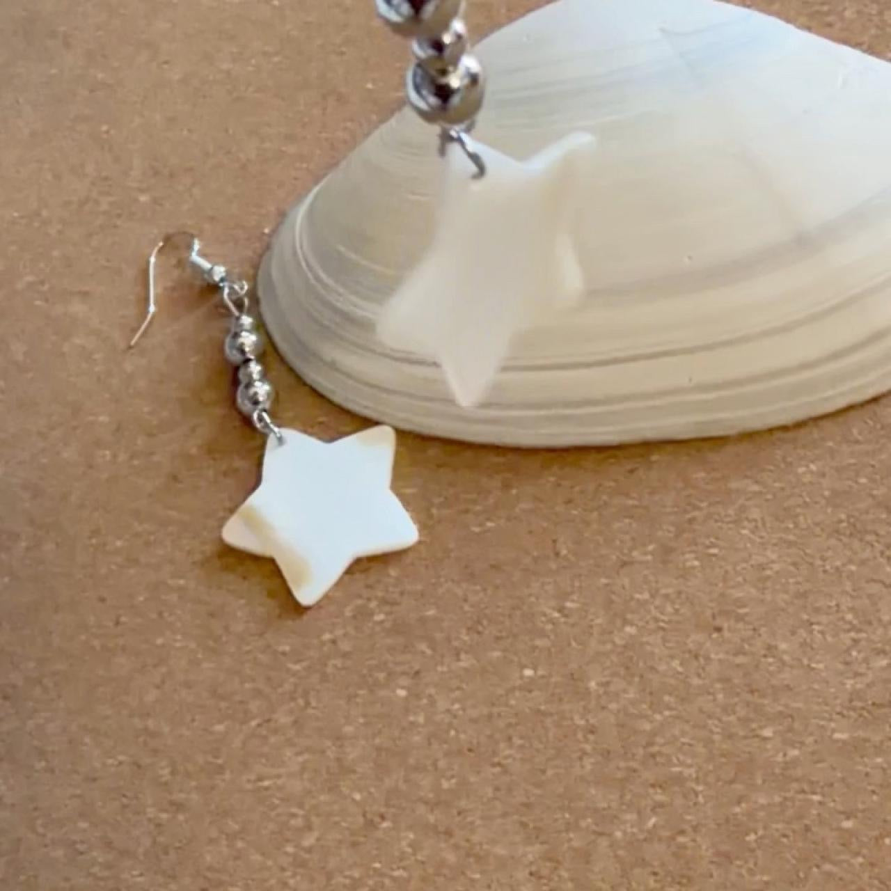 Handcrafted Mother of Pearl Style Star & Gunmetal Beaded Dangle Earrings
