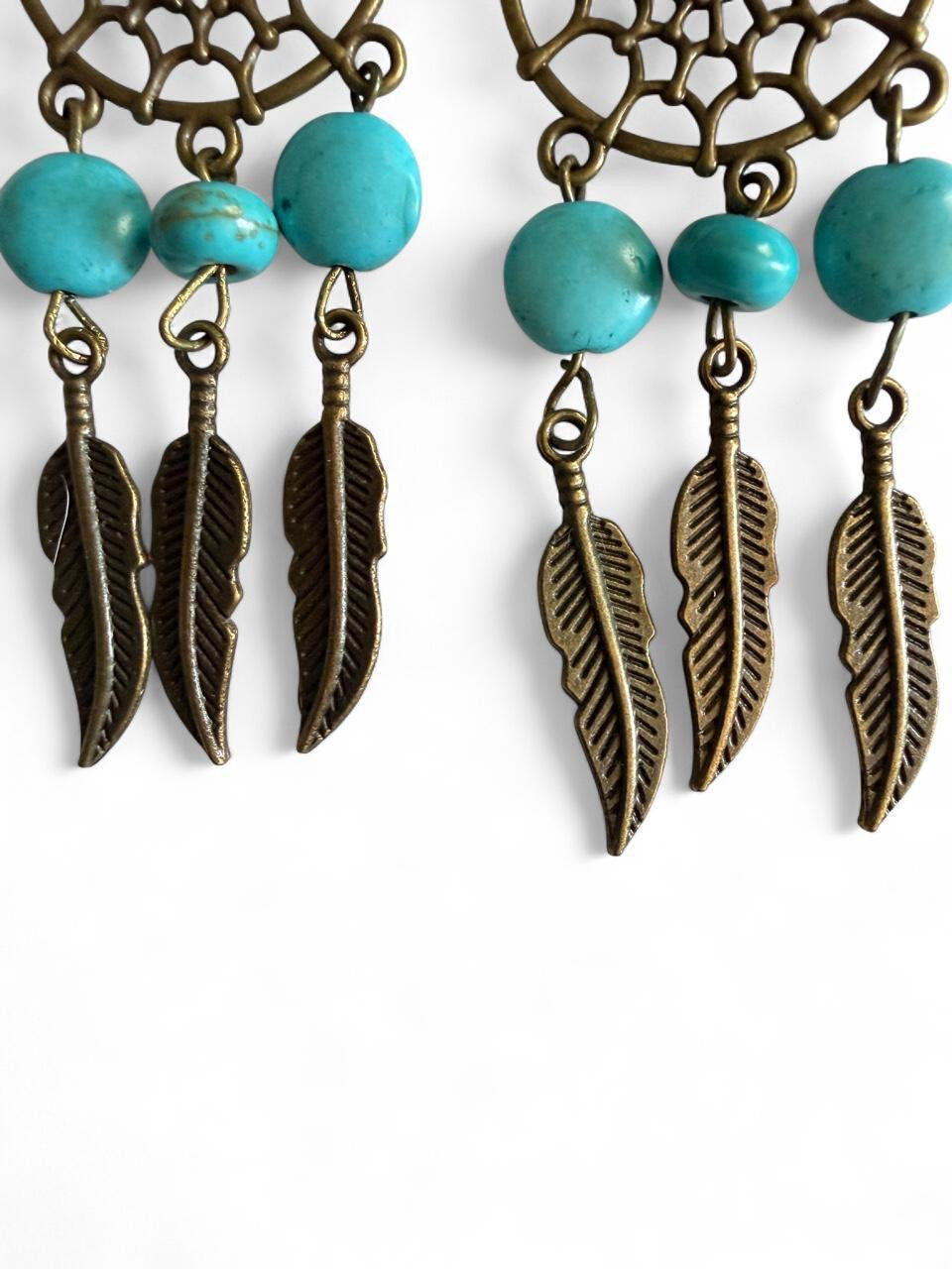 Handmade Bronze Dreamcatcher Earrings | Turquoise Feather Dangle | Boho Western