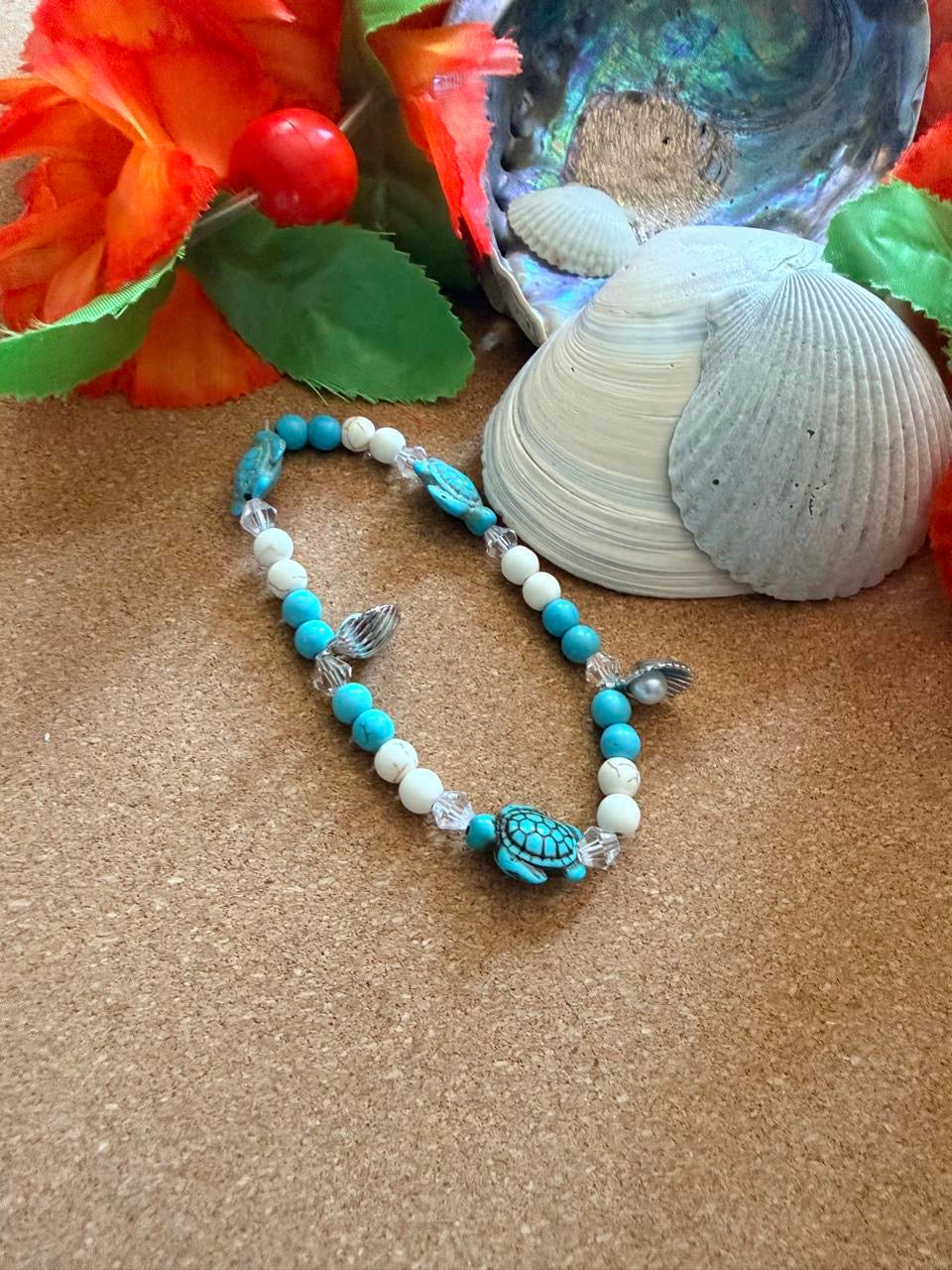 Handcrafted Turquoise Sea Turtle & Pearl Seashell Coastal Anklet