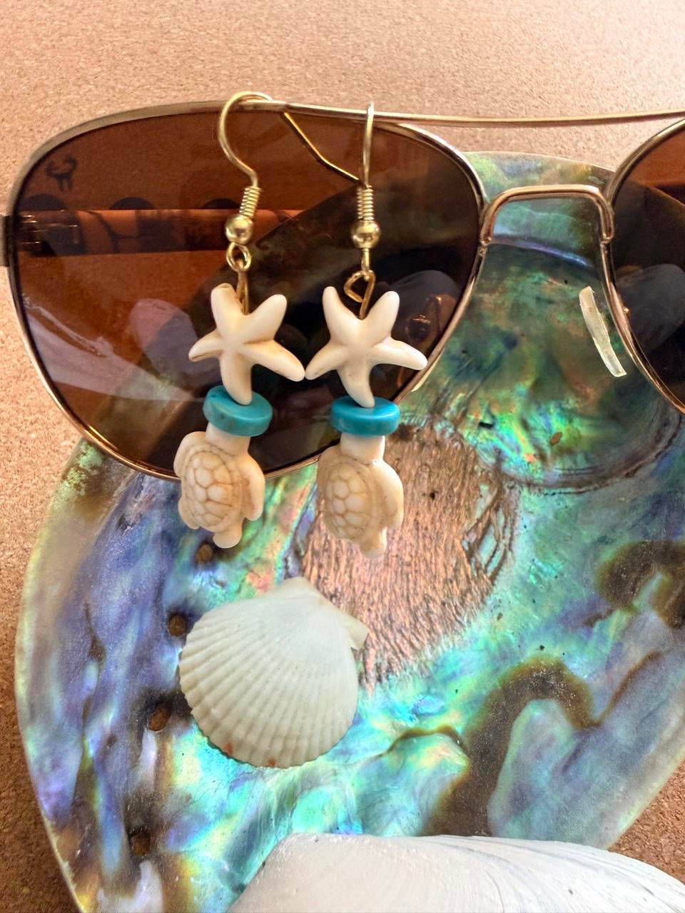 Handcrafted Cream Starfish & Sea Turtle Beaded Dangle Earrings