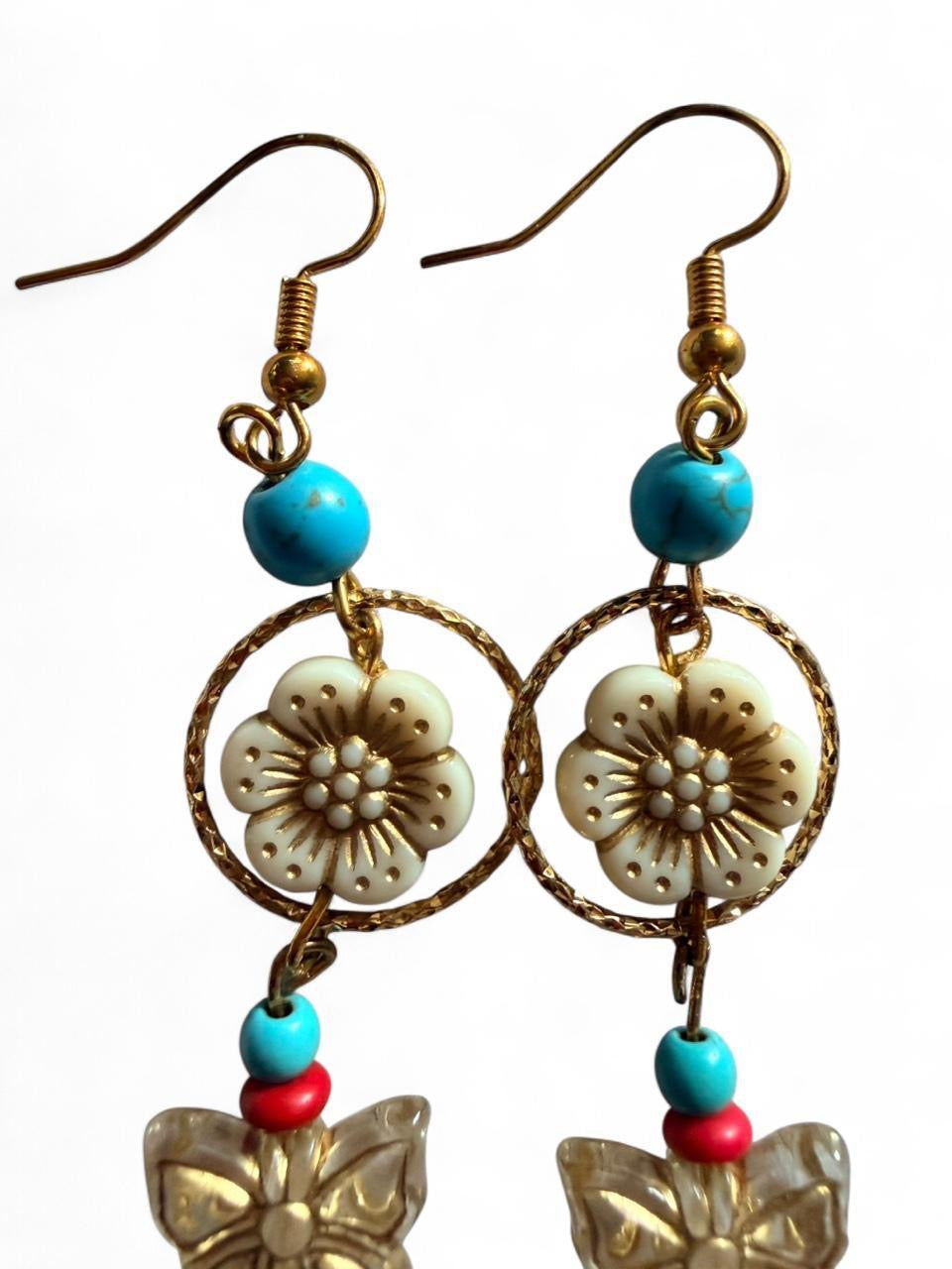 Handmade Boho Butterfly Flower Drop Earrings | Gold Tone Turquoise Red