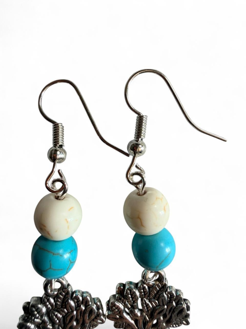 Tree of Life Dangle Earrings - White & Turquoise Bead