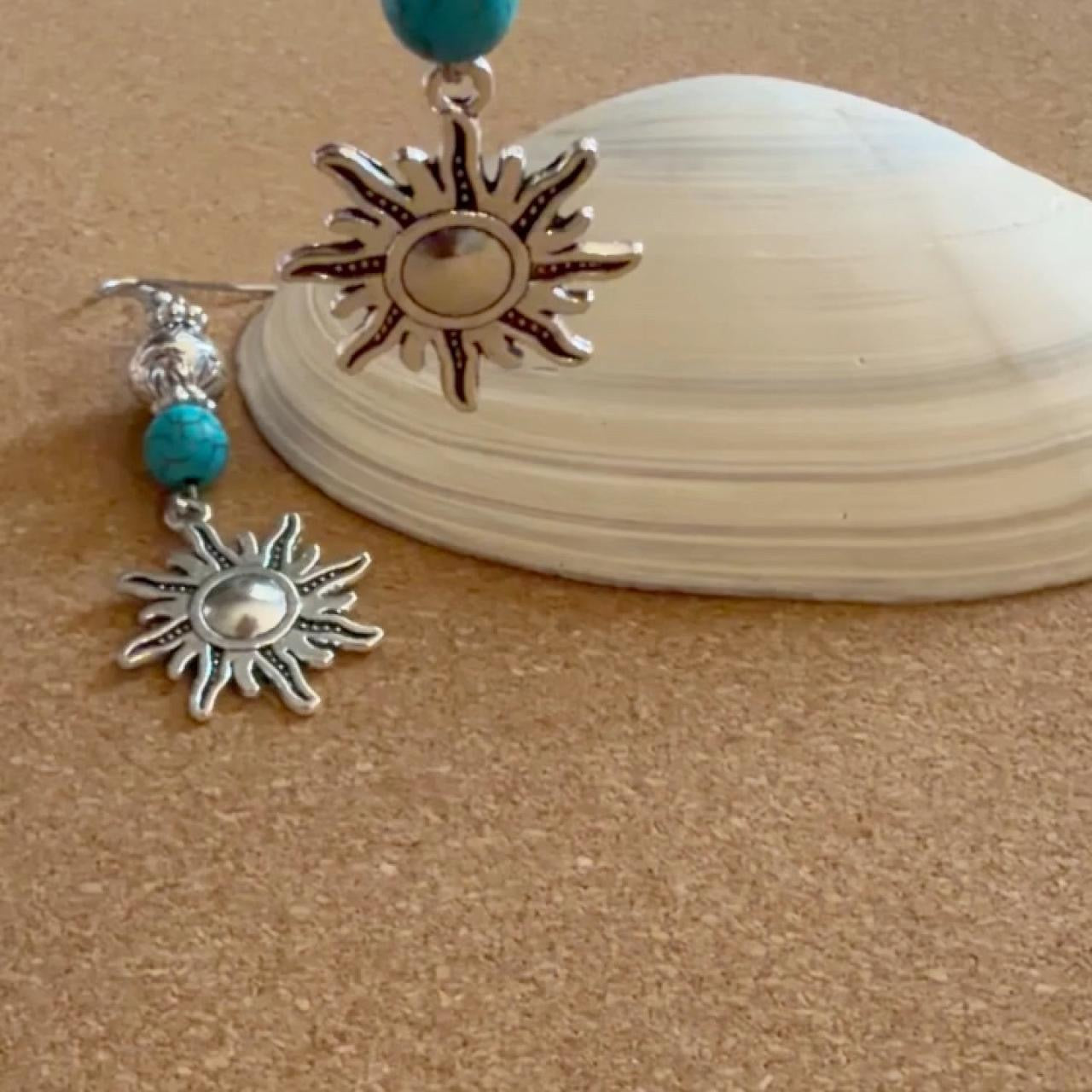 Handcrafted Antique Silver & Turquoise Beaded Celestial Sun Dangle Earrings