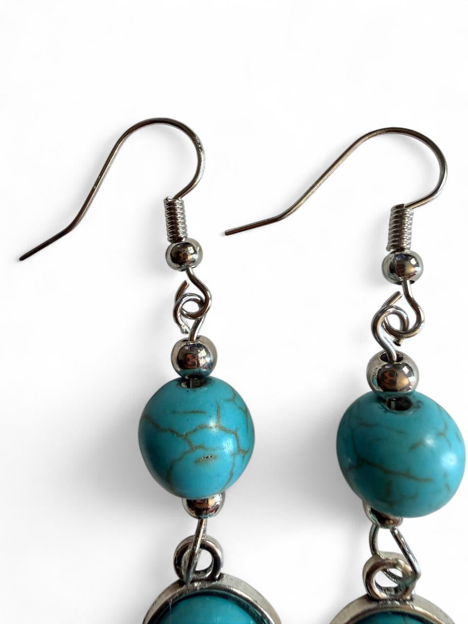 Handmade Turquoise Cabochon Dangle Earrings | Boho Silver Jewelry
