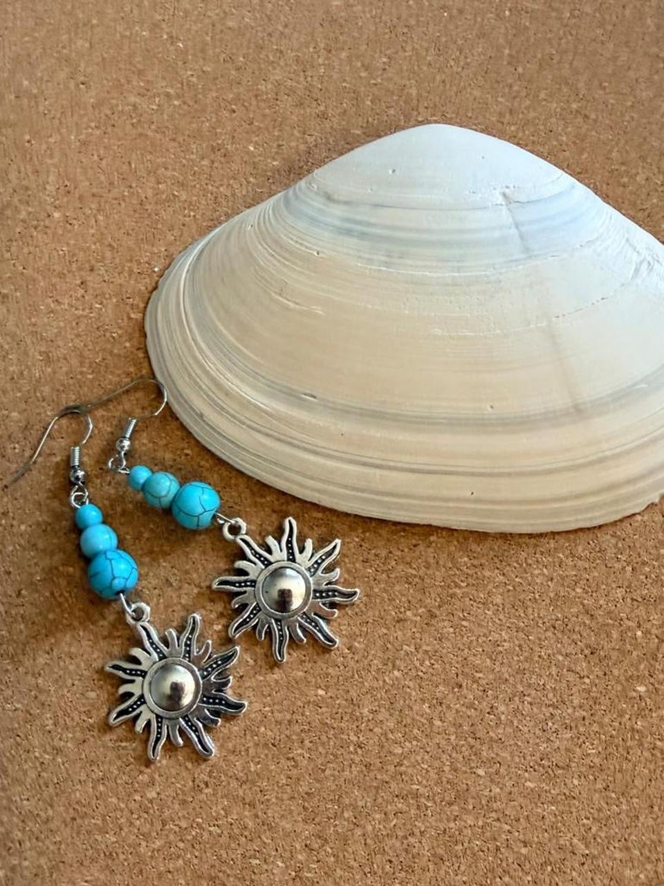 Handcrafted Turquoise Beaded Celestial Sun Dangle Earrings