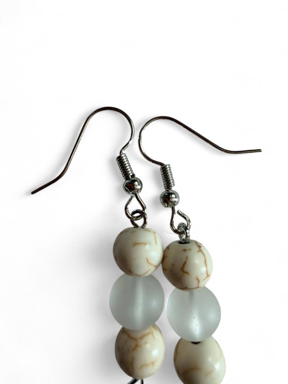 Handmade White Carved Sea Turtle Drop Earrings with Frosted Beads