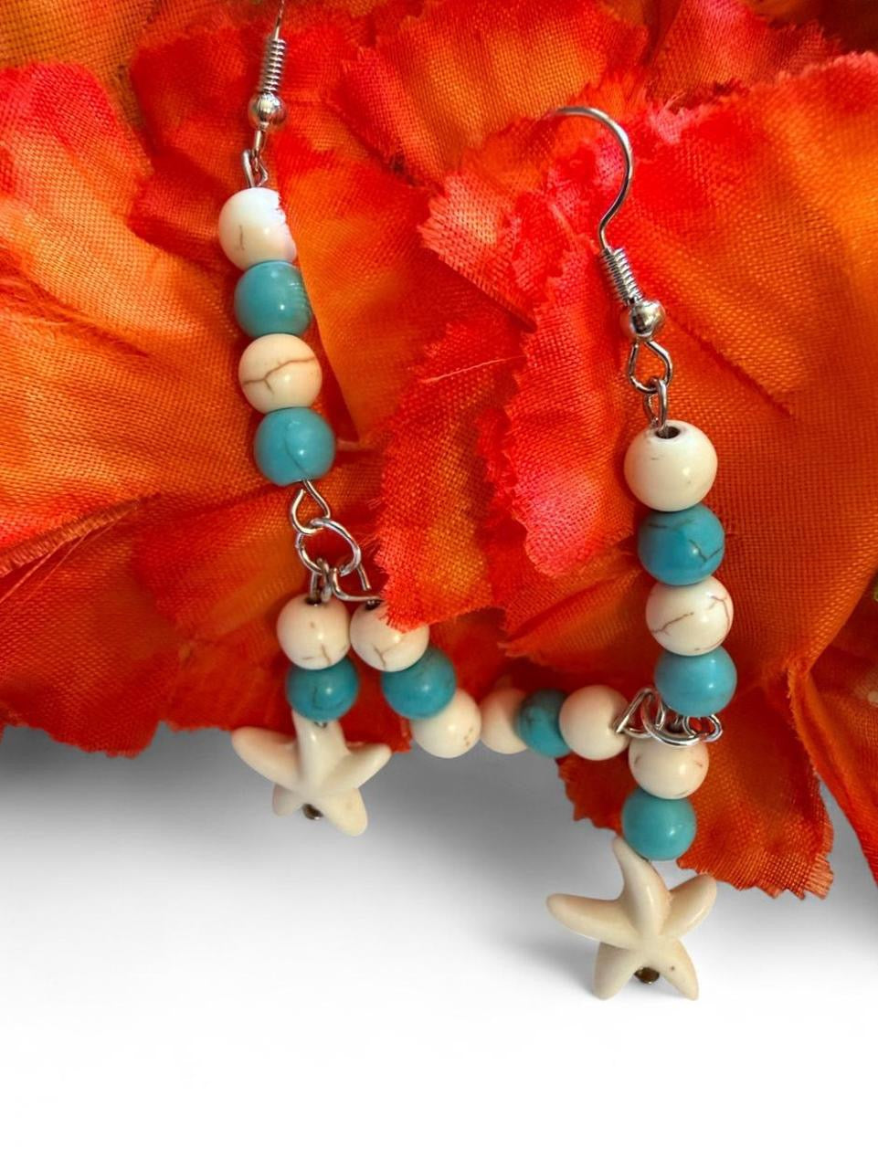 Handcrafted Turquoise & Cream Marbled Beaded Starfish Chandelier Dangle Earrings