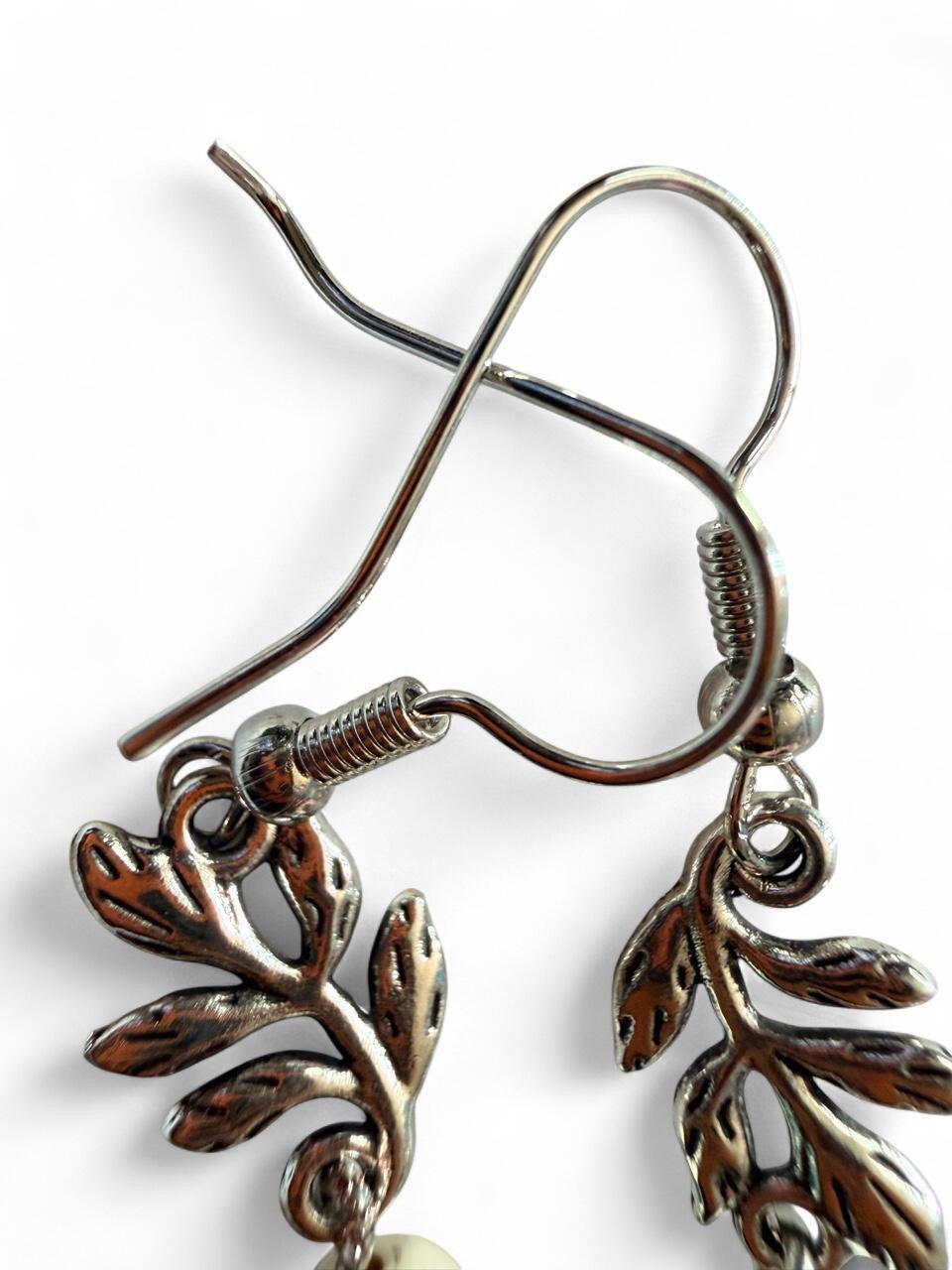 Turquoise & Ivory Leaf Branch Earrings | Boho Beaded Dangle Earrings