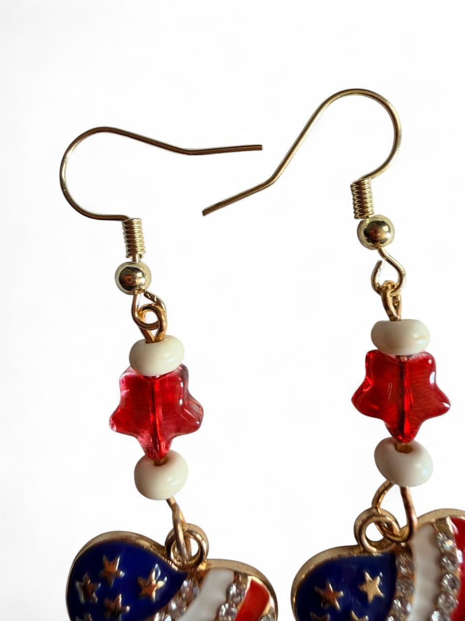 Handmade Patriotic Rhinestone Flag Heart Dangle Earrings | Americana Star Bead Jewelry