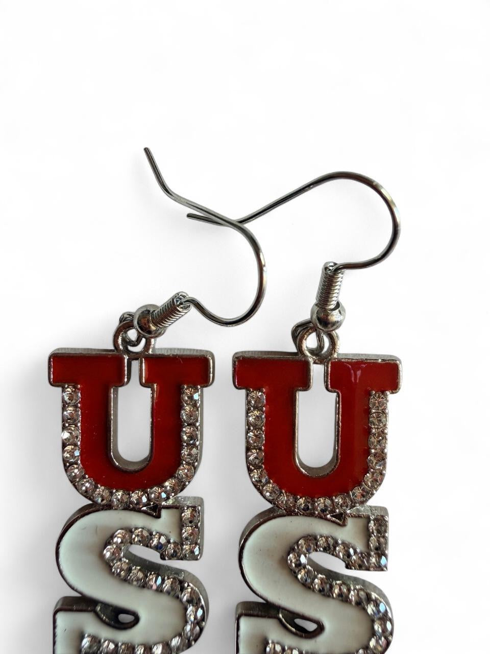 Handmade Patriotic USA Glitter Enamel Dangle Earrings | Red White & Blue Statement Drop
