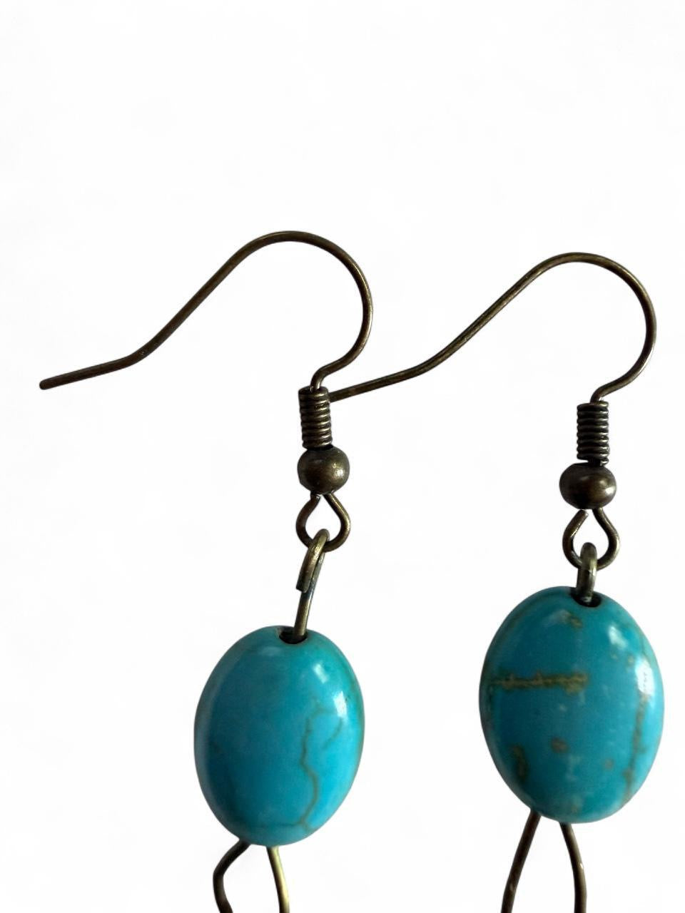 Handmade Antique Bronze & Turquoise Feather Dangle Earrings - Southwestern Boho