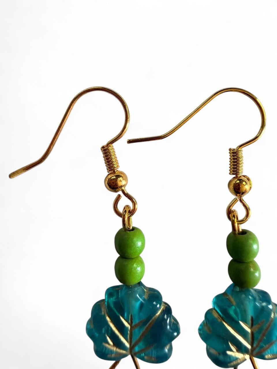 The Horizon Leaf Hoop Earrings - Blue Acrylic & Textured Bronze