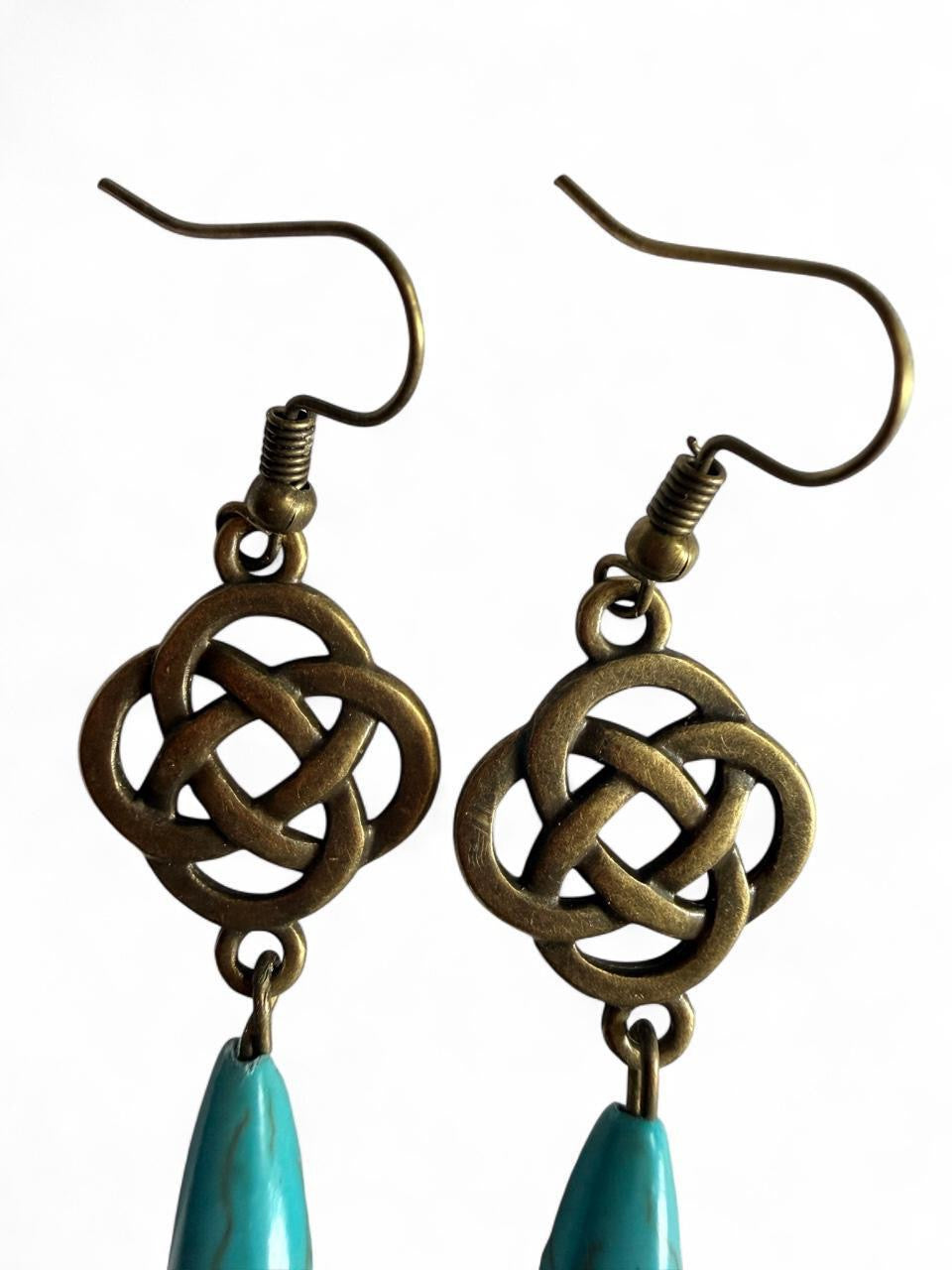 Bronze Celtic Knot & Turquoise Teardrop Dangle Earrings