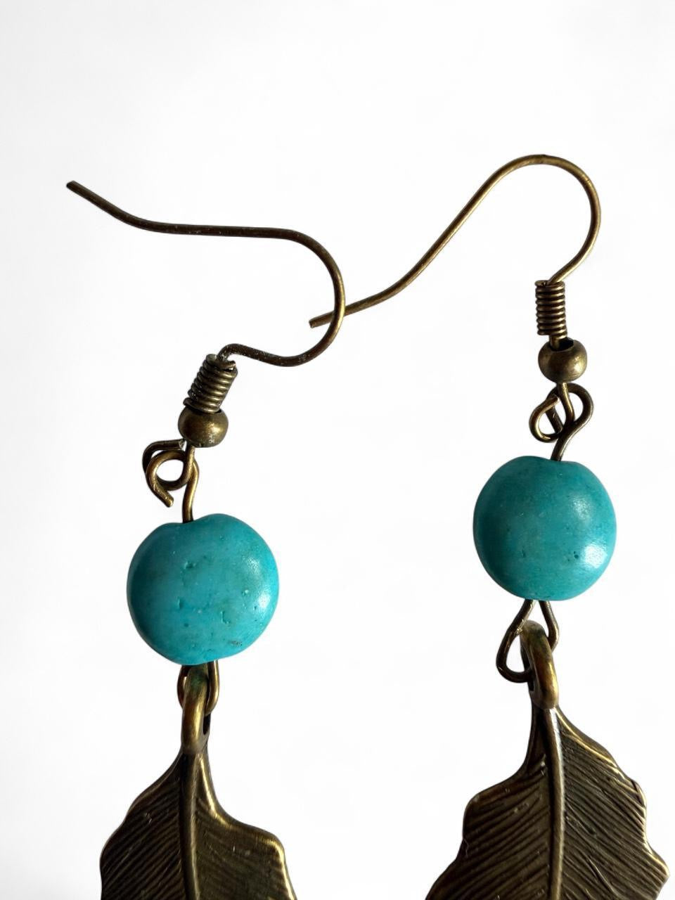 Handmade Boho Turquoise & Bronze Leaf Dangle Earrings