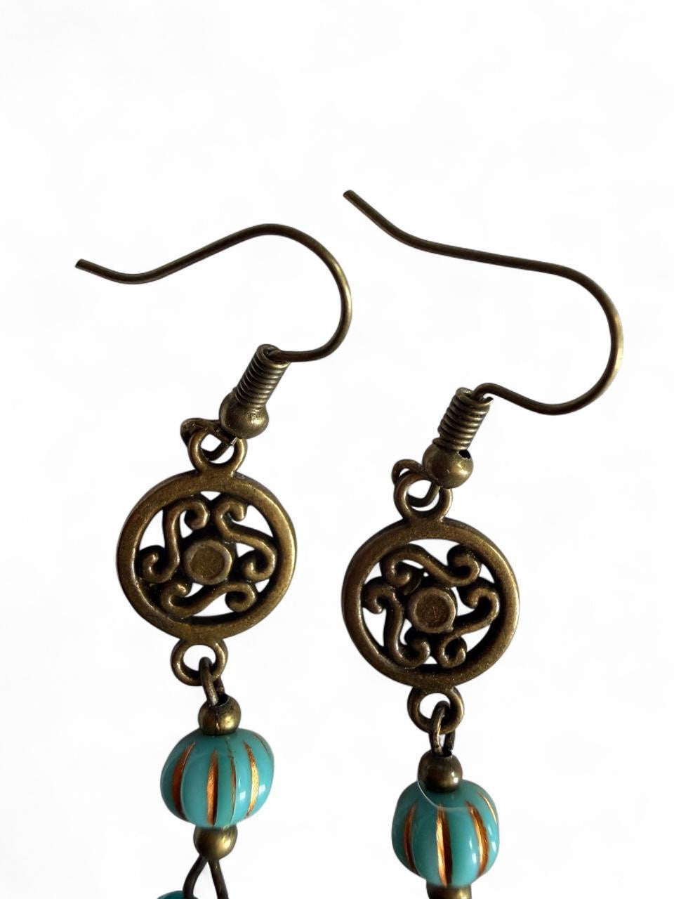 Handmade Antique Bronze & Teal Acrylic Leaf Drop Earrings - Boho Whimsigoth