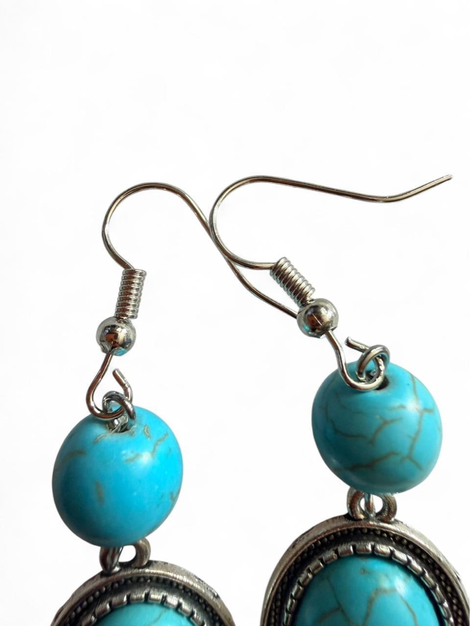 Handmade Turquoise Oval Dangle Earrings - Boho Southwestern Style