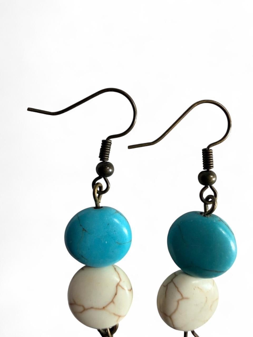Turquoise & White Howlite Bronze Feather Dangle Earrings – Handmade Boho Western