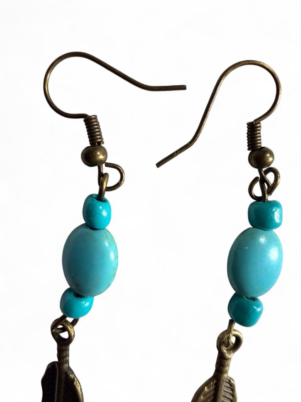 Turquoise Beaded Bronze Feather Earrings – Handmade Boho Western Dangles