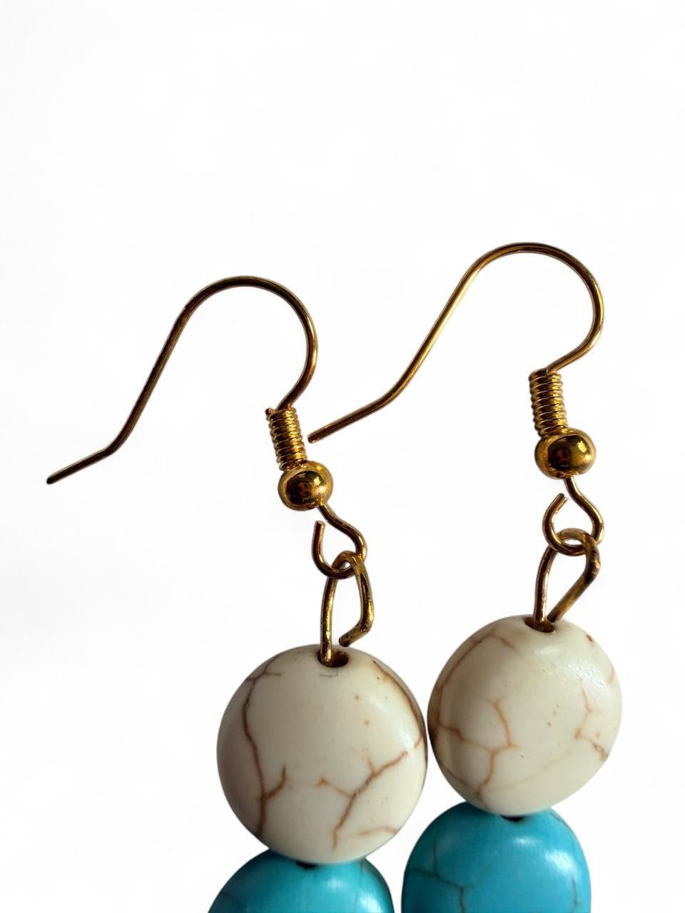 Turquoise & White Double Bead Earrings ā Handmade Boho Gold Dangles