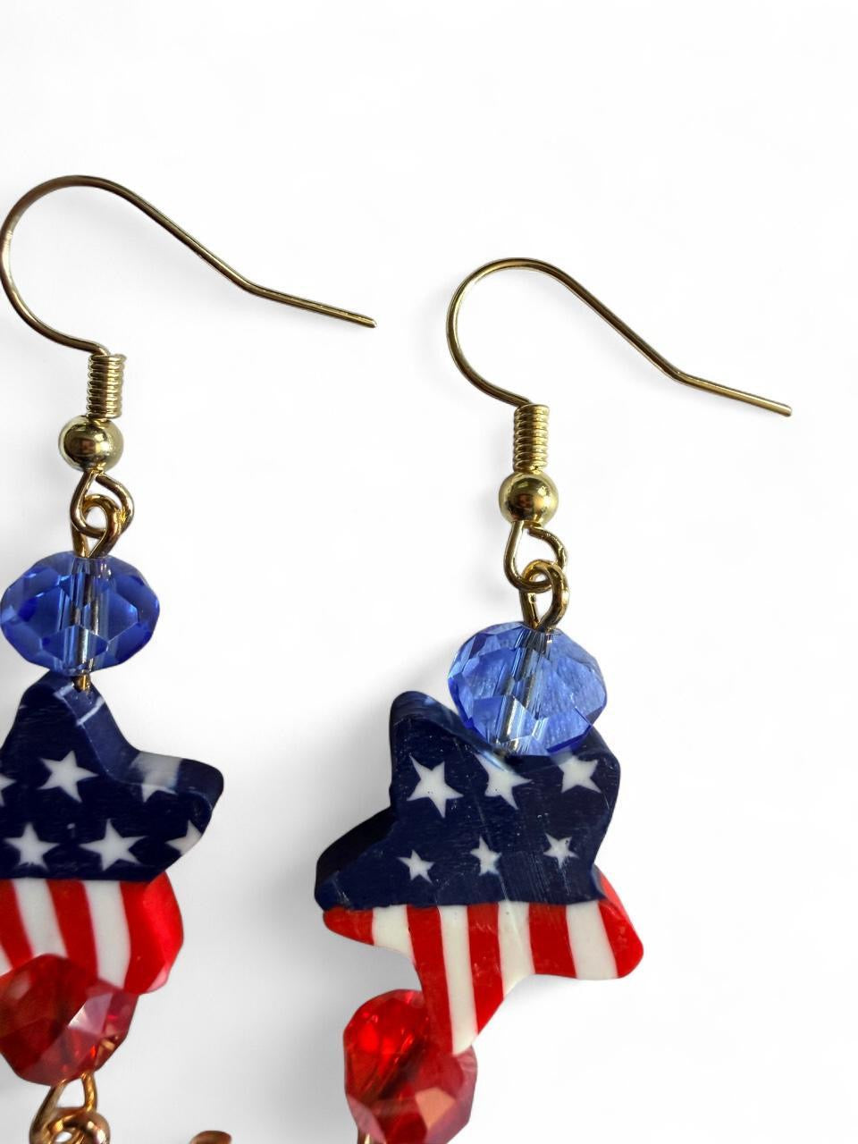 Handmade Patriotic USA Map Enamel Dangle Earrings | Tiered Americana Star Bead Jewelry