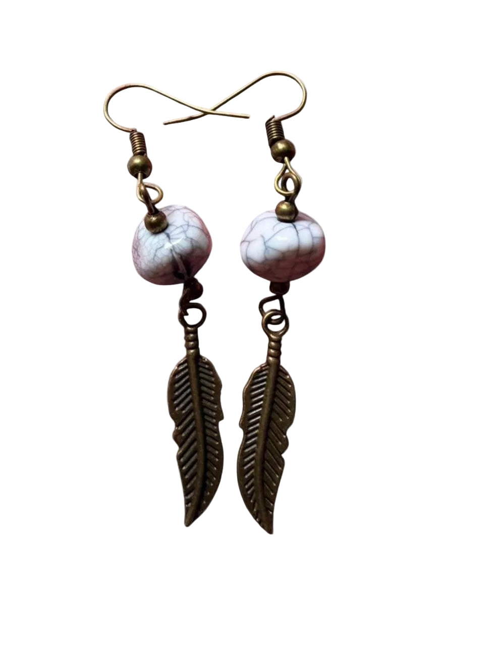 Handmade Feather Earrings – Crackle Bead & Antique Bronze
