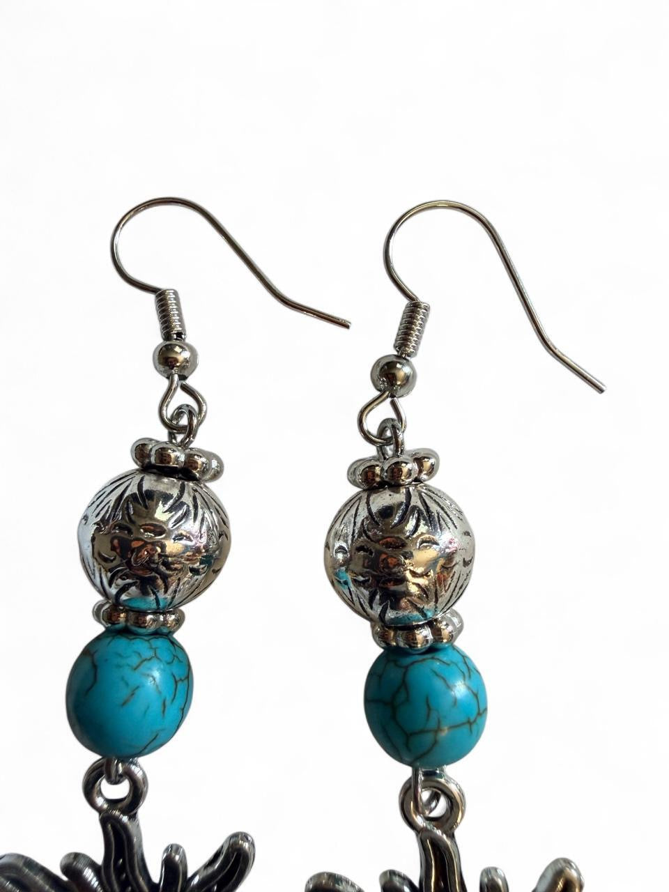 Handcrafted Antique Silver & Turquoise Beaded Celestial Sun Dangle Earrings
