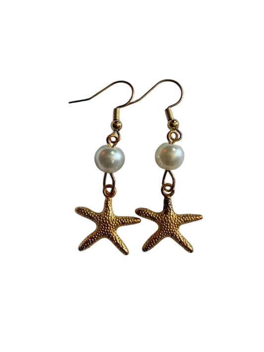 Handcrafted Gold Starfish & Pearl Style Dangle Earrings