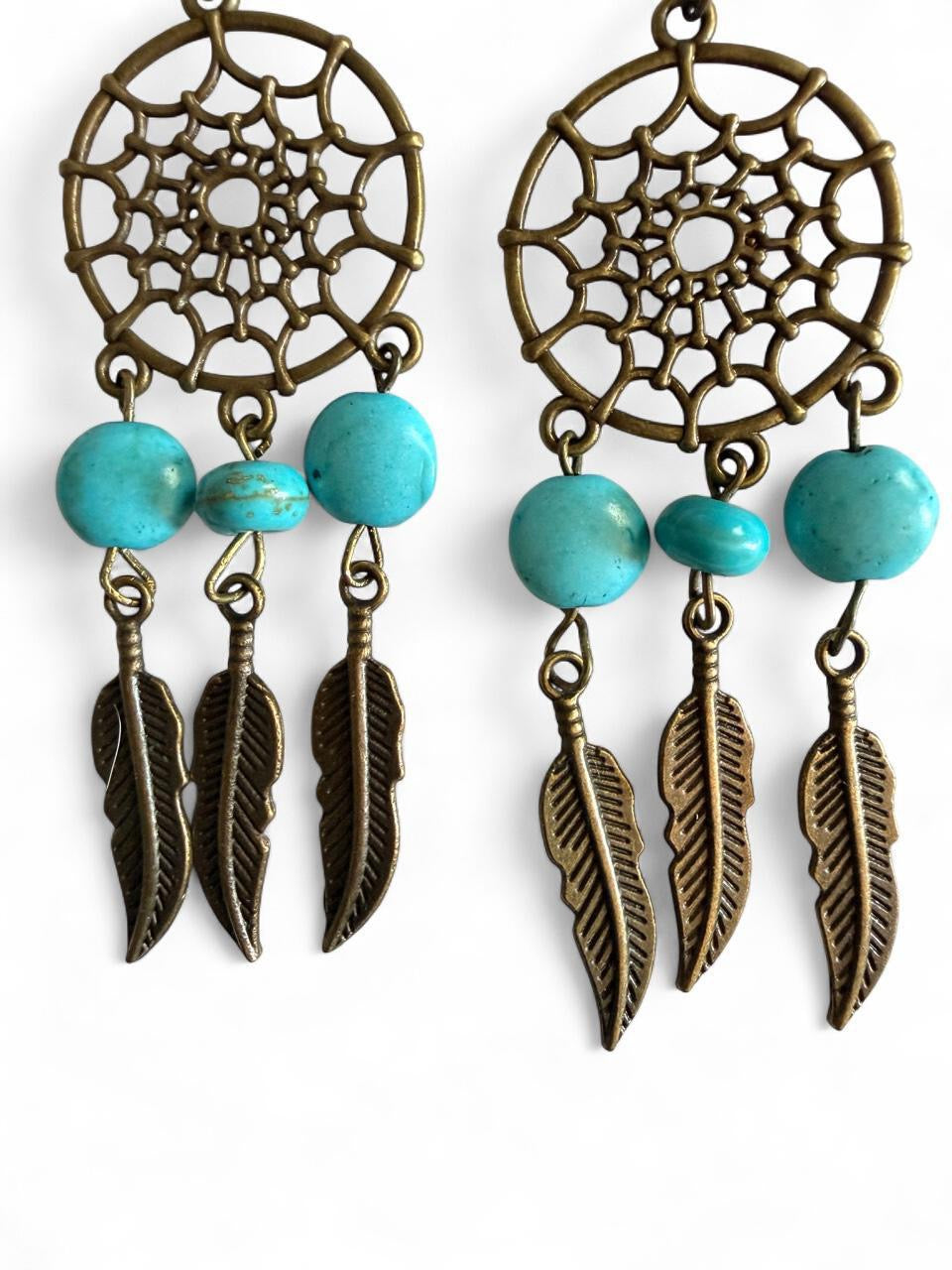 Handmade Bronze Dreamcatcher Earrings | Turquoise Feather Dangle | Boho Western